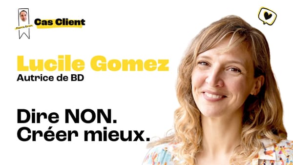Cas client : Lucile Gomez, autrice de BD. “Dire NON. Créer mieux.” Portrait sur fond clair.